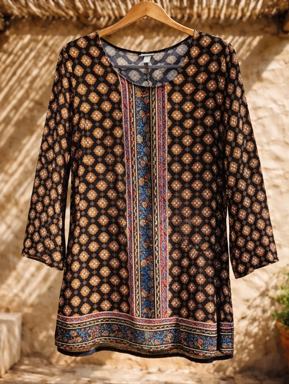 Mossimo Bohemian Black & Gold Patterned Tunic Dress with Multicolor Accents
